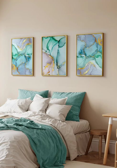 Set Of 3 Posters Watercolor Blue Real Gold + 3 Gold Metallic Frames 50x70cm